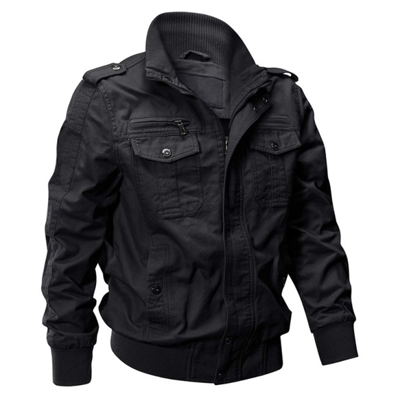 Black Cotton LightweightStand Collar Military Jacket Windbreaker